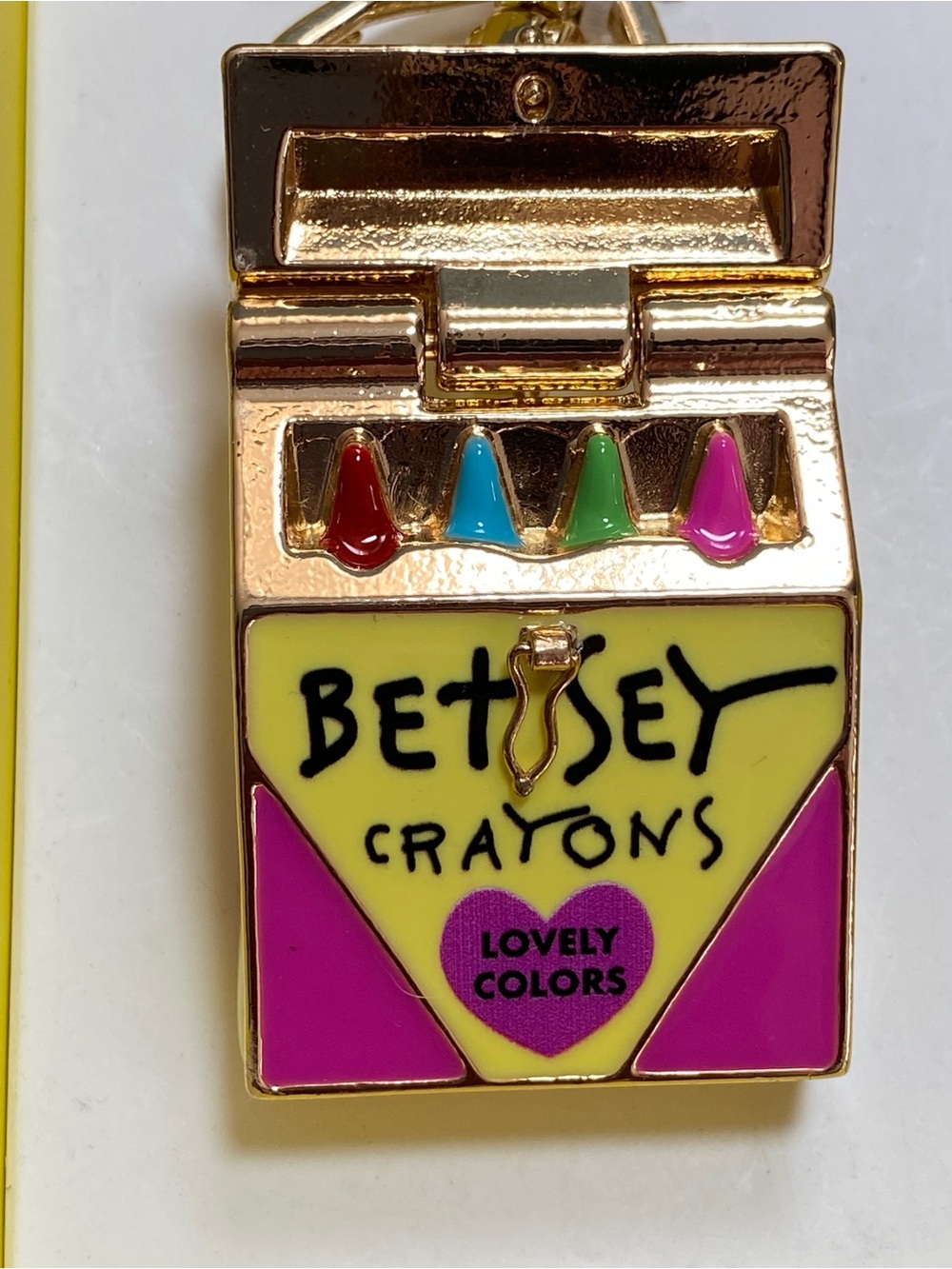 Betsey Johnson Crayon Box Keychain Charm NIB Opens, pink and yellow,gold - Picture 5 of 13